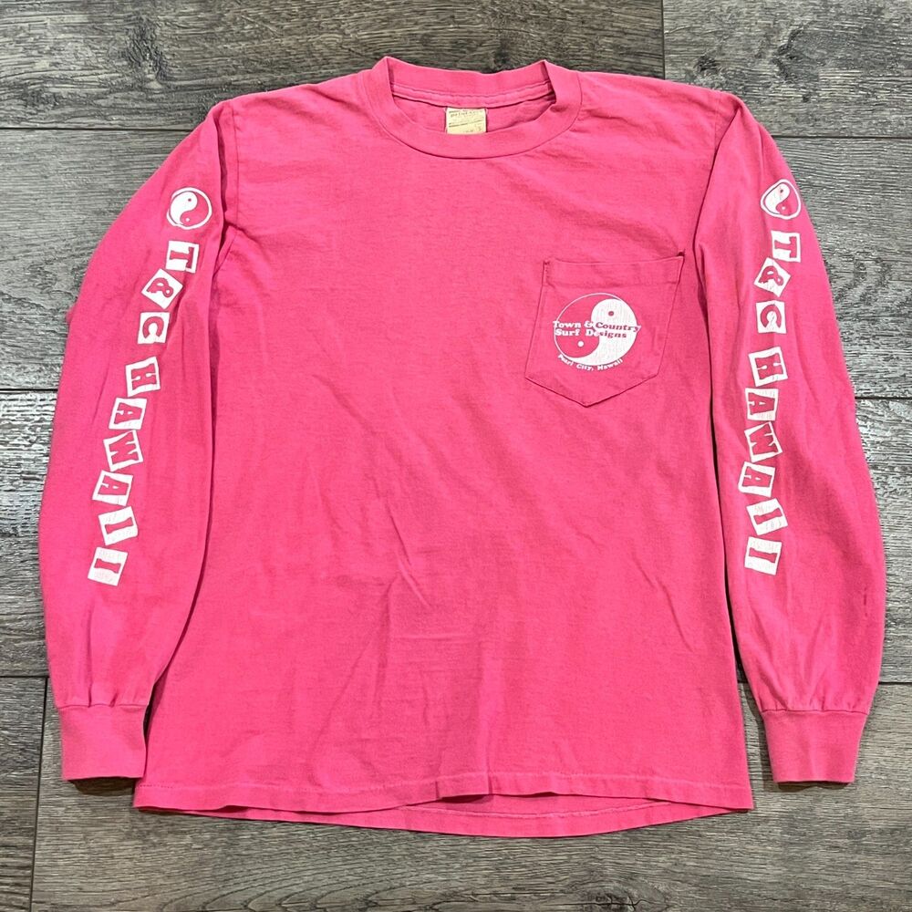 Vintage 80s Pink T&C Surf Hawaii Long Sleeve Pocket Tee USA Made - Women's Small